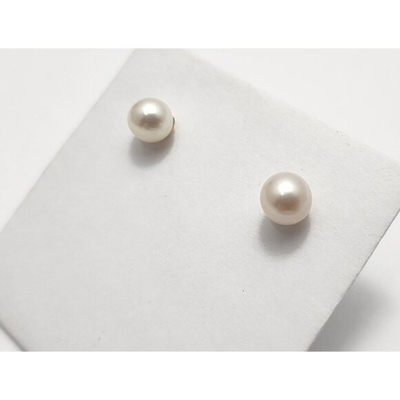 Beautiful 14K Karat Solid Yellow Gold Designer Round Pearl Stud Earrings - Picture 9 of 16